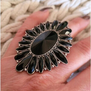 Chunky  Silver Tone & Black Rhinestone Flower Statement Ring